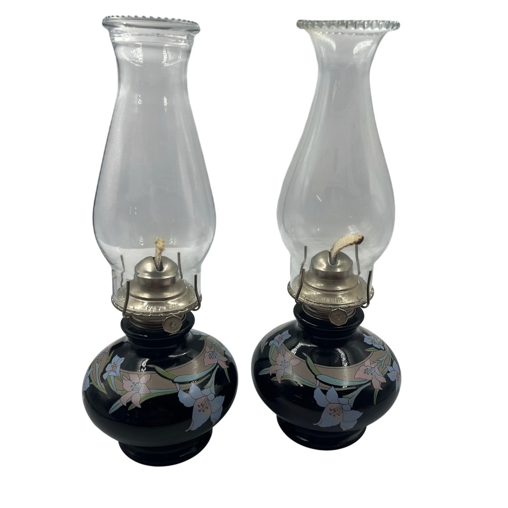 Vtg Set 2 Kaadan Ltd Glass Oil Lamp Hand Painted Floral Iris Design 15" Tall